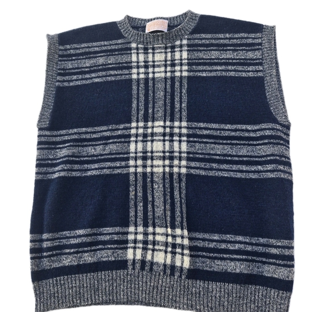 Pendleton Sweater Vest Mens Large Blue White Pullover 100% Wool Knit Crew Neck
